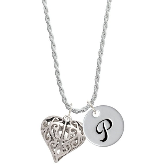 Delight Jewelry Silvertone Large Open Filigree Heart Silvertone Script Initial Disc - P - Charm Necklace, 20"+3"