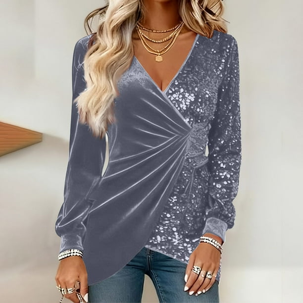 Uootdi Plus Size Sequin Tops for Women Sparkly Glitter Bow Crewneck Long Sleeve Shirts Evening Party Night Top Going Out Pullover Gift
