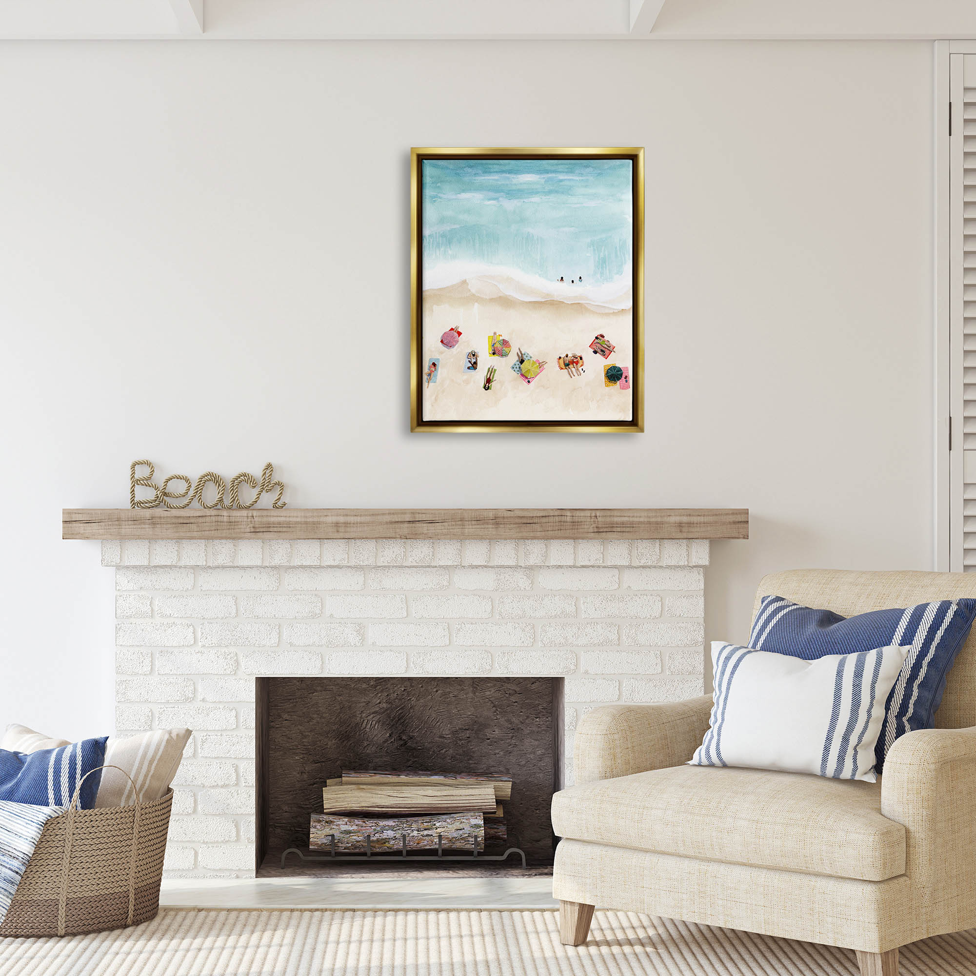 Stupell Industries Summer Beach Day People Swimming Coastal Painting Gold Floater Framed Art Print Wall Art