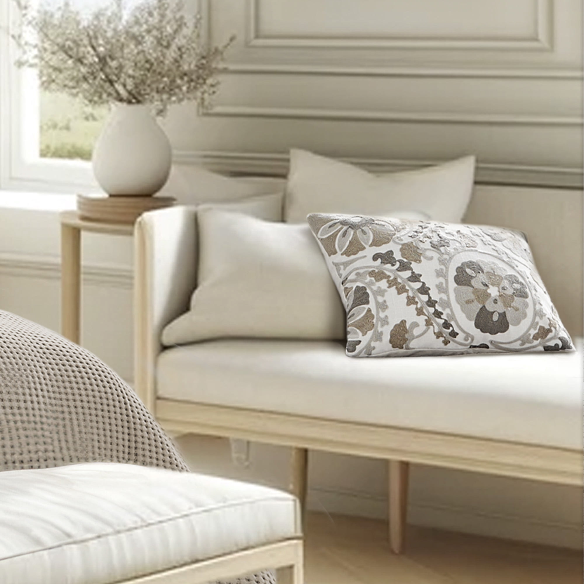 Levtex Home - Mills - Decorative Pillow (14x18in.) - crewel embroidered suzani - Light Grey, taupe, Dark Grey, White
