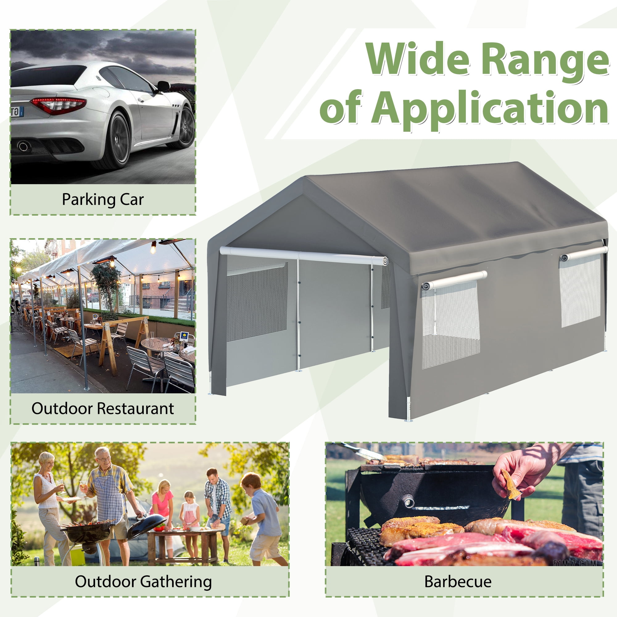 GZXS 10ft x 20ft Heavy Duty Canopy Tent with Roll-up Ventilated Windows, Garage Carport with Steel Frame, Removable Sidewall & Door, Gray