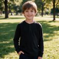 thumbnail image 4 of BLVB Boys Henley Long Sleeve T-Shirt Casual Crewneck Tops Loose Button Basic Tee Teen Kids Layer Clothes 5-15Y(Black,11-12 Years), 4 of 9