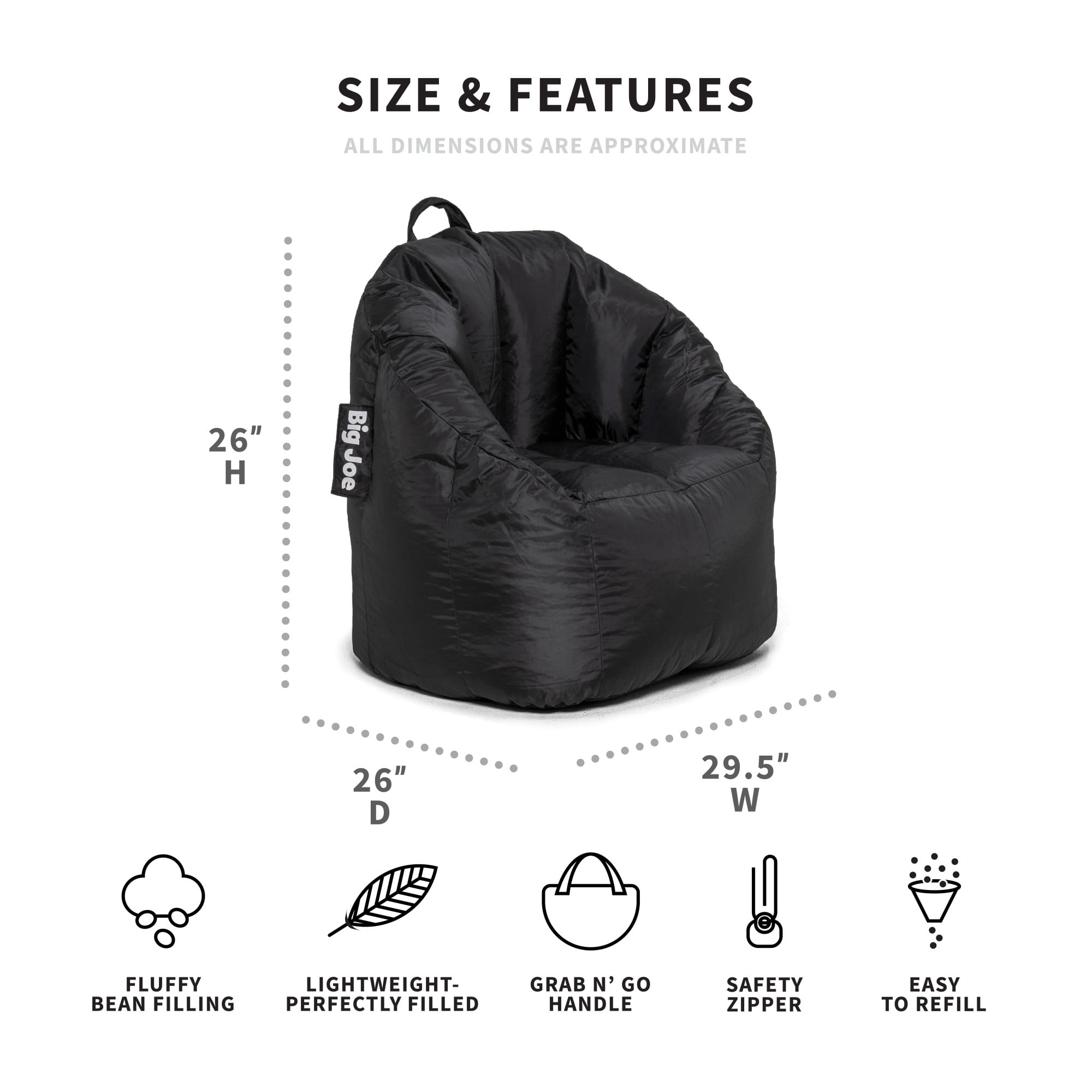 Big Joe Joey Bean Bag Chair, Smartmax, Kids/Teens, 2.5ft, Black Big Joe Joey Bean Bag Chair, Smartmax, Kids/Teens, 2.5ft, Black