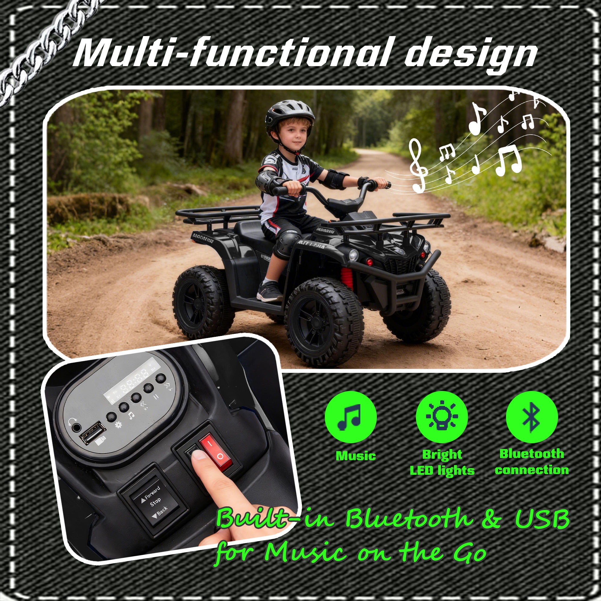 iYofe 24V Big Kids Ride on ATV Quad, Electric 4 Wheeler for Kids 3-6 with Battery Display, Anti-Slip Tires, LED Headlights, Bluetooth, MP3, Storage Racks, Gifts for Birthday & Christmas, Black