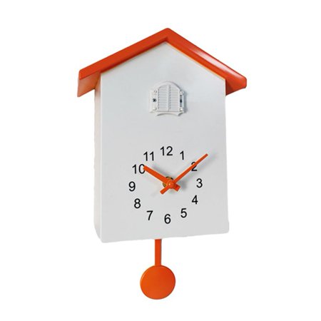 Luolandi Cuckoo Wall Clocks Fashion Creative Pendulum Clocks Birds House Battery Powered Cuckoo Sound Wall Clock For Living Room Kitchen White+Orange