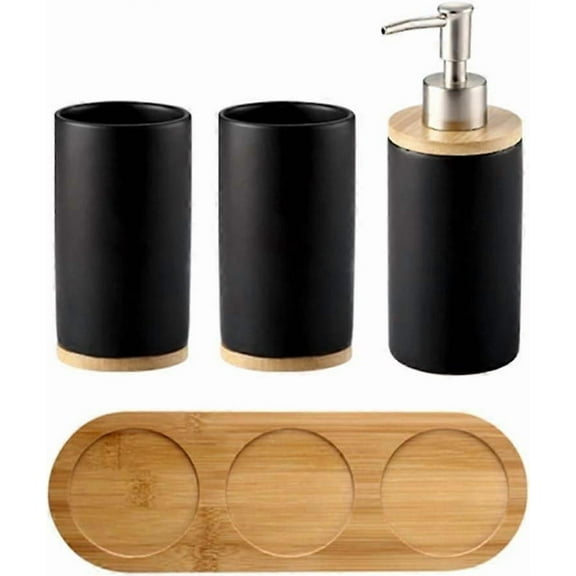 Set of 4 Ceramic Bathroom Accessories Set, Toothbrush Holder, Soap Dispenser, Tumbler, Bamboo Trayblack