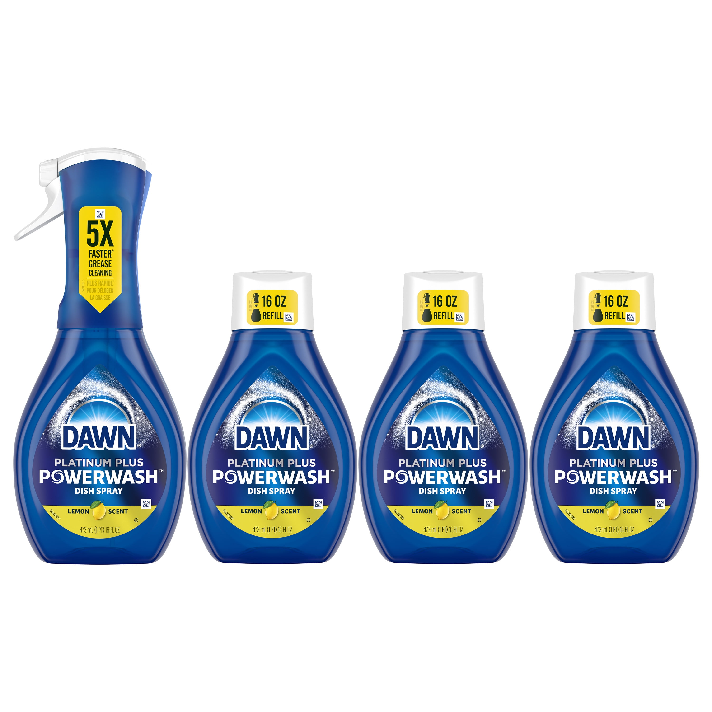 Dawn Powerwash Spray, Dish Soap, Dishwashing Liquid, Cleaning Supplies, Lemon, 1 Starter Kit + 3 Refills, 64 Fl Oz