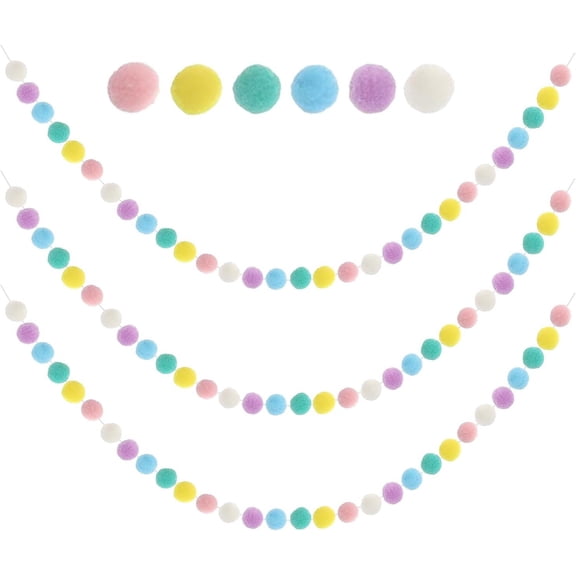 RUseeN 3pcs Pastel Pom Pom Garland, Pompom Garland for Classroom Pastel Ball Garlands Nursery Pompom Ball Garland for Easter Party Bedroom Nursery Decor