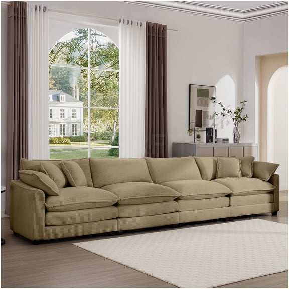 JERFIT Modern 4-Seater Corduroy Sofa with Pillows, Comfortable Upholstered Couch for Living Room, Apartment, Office, Tan