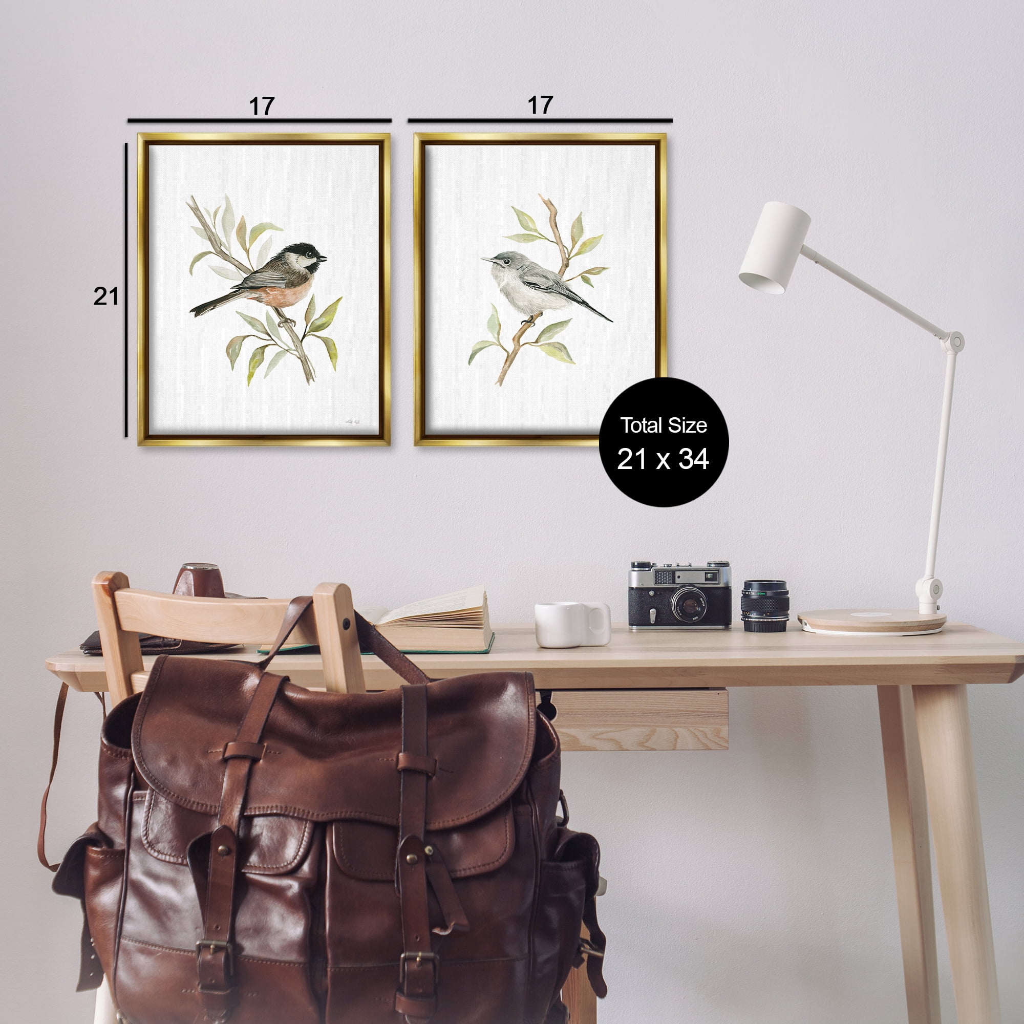 Stupell Industries Small Birds on Branches Animals Painting Gold Floater Framed Canvas Art Print Wall Art, 17 x 21, Set of 2