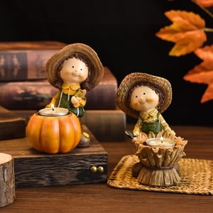 Pumpkin Scarecrow Figurines Fall Decor Thanksgiving Resin Scarecrow Figurines with Tea Lights Candle Holder - Thanksgiving Table Decor - Fall Decorations Indoor Outdoor Harvest Gifts Home Decor