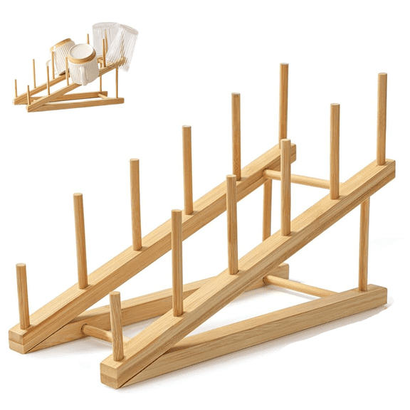 Bamboo Plate Rack, Plate Stands for Display, Kitchen Pot Lid Holder Cabinet Organizer for Dish Plate Cup Pot Lid Bowl Cutting Board,1 Pack