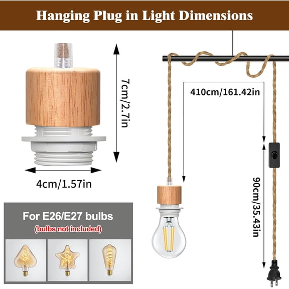 PYYAN-16.4 ft Plug in Pendant Light Fixtures, Hanging Lights with Woven Hemp Rope Plug in Cord, E26/E27 Vintage Wood Lampholder Hanging Lights for Living Room,Bedroom Kitchen Island(No Bulb)