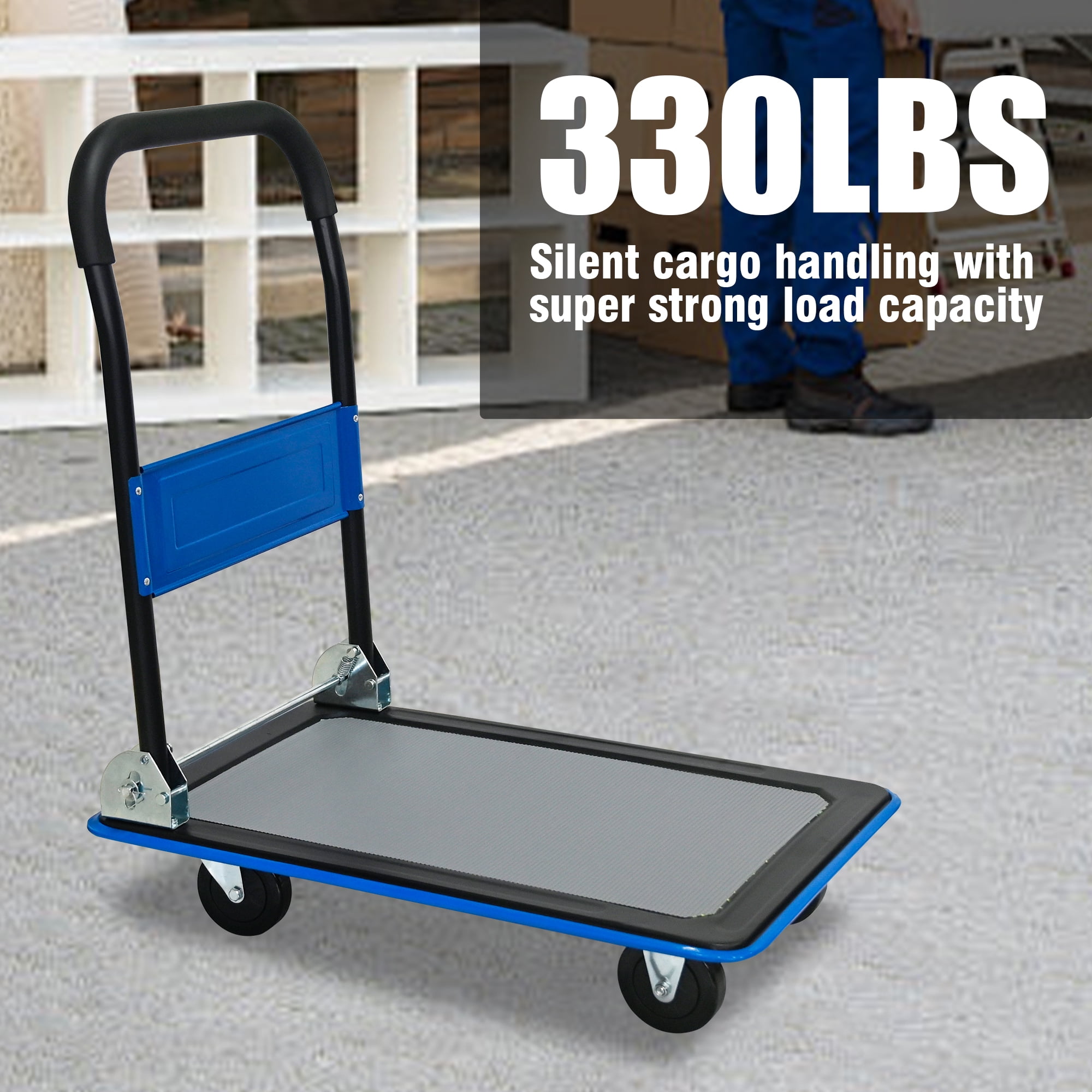 Flatbed Cart, 330lbs Heavy Duty Capacity Platform Hand Truck 360 Degree Swivel Wheels Foldable Push Hand Cart for Loading and Storage, Warehouse-Blue