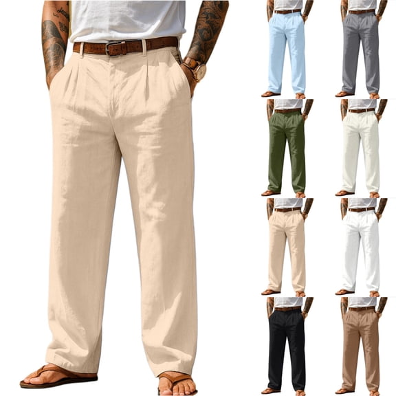 Men's Relaxed Dress Pants Cotton Linen Pleated Lightweight Summer Straight Leg Beach Trousers Casual Slacks Vacation Bottoms, Khaki S