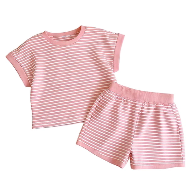 Estilo de Verano Conjunto de Niños de Verano Color Sólido Raya Pantalones Cortos Casuales de Dos Piezas de Punto de Manga Corta Vestido de Verano Corto