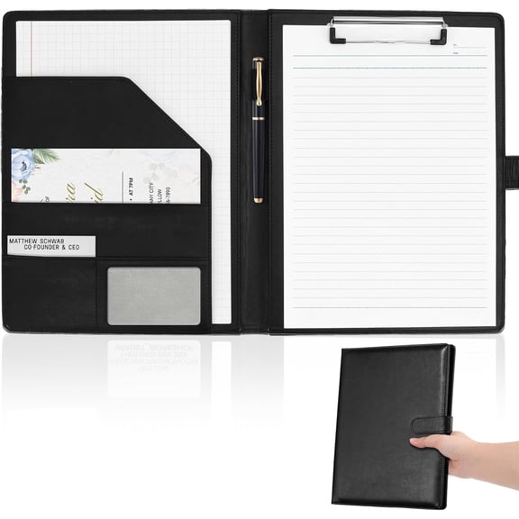 Professional Padfolio with Clipboard, Faux Leather Portfolio Folder Binder, Legal Pad Holder for A4 Letter Size Notepad, Resume, Writing Pad, Ideal Organizer for Business Office Conference, Black,
