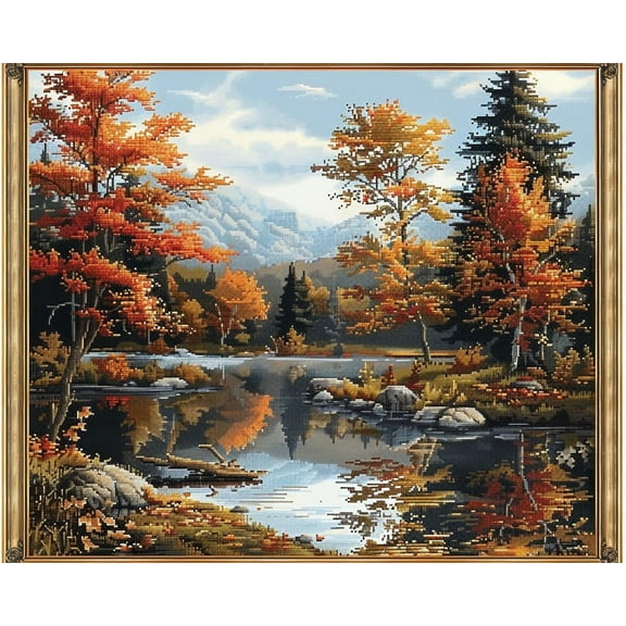 A Beautiful Autumn Landscape Tree River DIY 11CT Stamped Cross Stitch Kits for Beginners Easy Needlepoint Embroidery Counted Cross Stitch Art Craft for Wall Decoration 12x16inch(8)