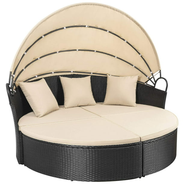 Walnew Outdoor Patio Round Daybed With Retractable Canopy Wicker Furniture Sectional Seating Washable Cushions For Backyard Porch Pool Separated Beige Com - How To Secure Outdoor Cushions Wicker Furniture