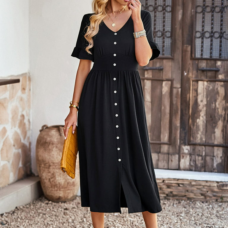 QUYUON Women Button-Down Midi Dress Casual Loose V-Neck Short Sleeve Ruffle  Pleated A-Line Summer Dresses Evening Cocktail Party Mid-Length Dress Beach  Sundress, Black M 