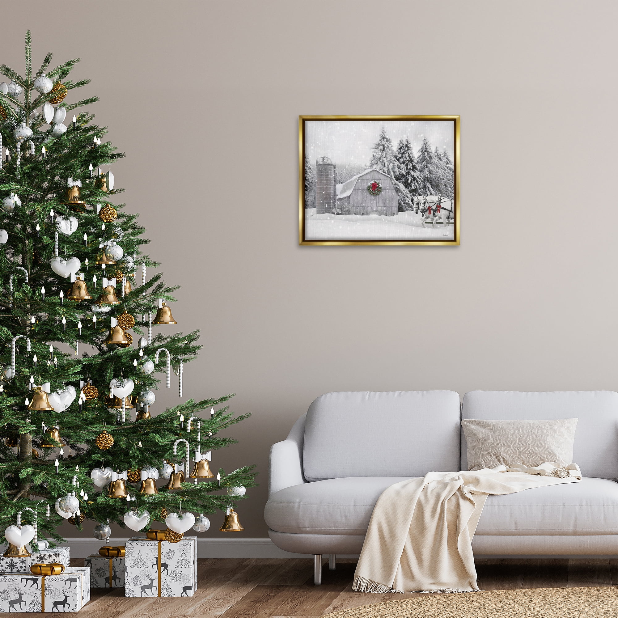 Stupell Industries Snowy Barn & Horses Holiday Painting Gold Floater Framed Canvas Art Prints Wall Art, 31 x 25