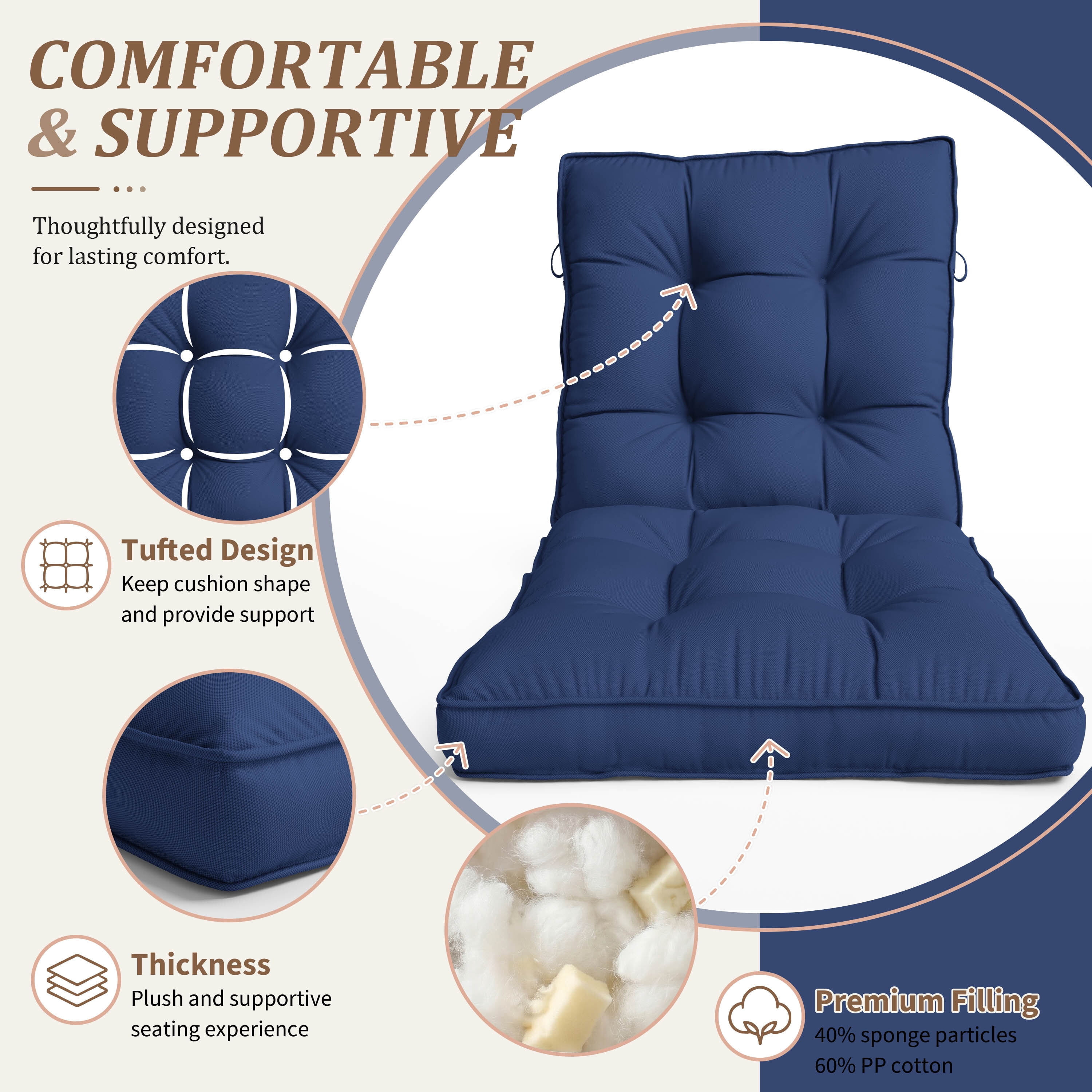 Kimunuk Outdoor Chair Cushions Set of 2, 42 x 21 x 4 in Non Slip Porch Swing Cushion Seat Back Cushions with Ties for Indoor Patio Rocking Chair, Blue