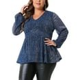 thumbnail image 1 of Blusas de peplum brillantes con lentejuelas y cuello en V para mujeres de tallas grandes Agnes Orinda, con mangas de linterna y pliegues en la cintura, 2X azul marino, 1 of 6