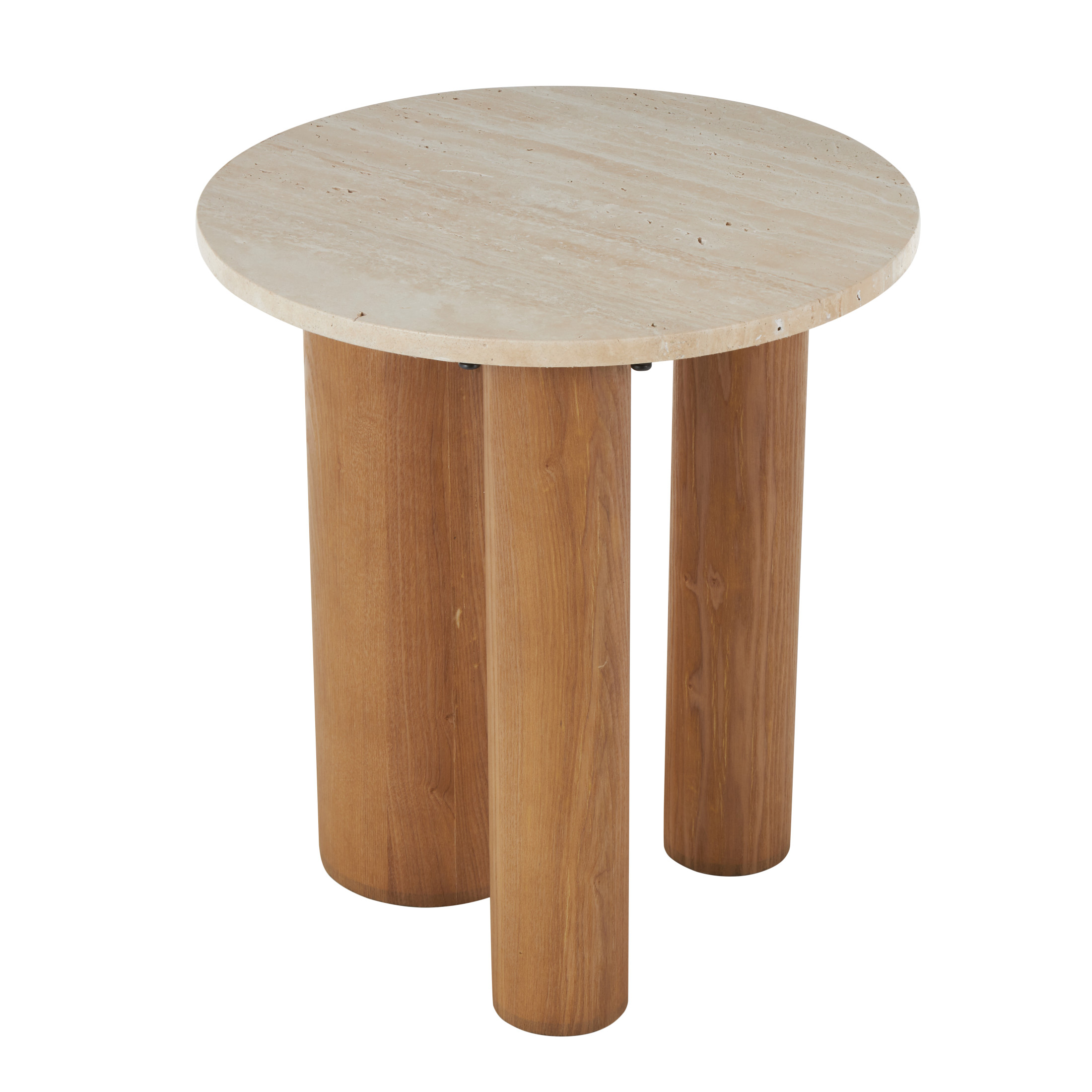 DecMode 18" x 20" Brown Wood Accent Table with Beige Round Marble Tabletop, 1-Piece