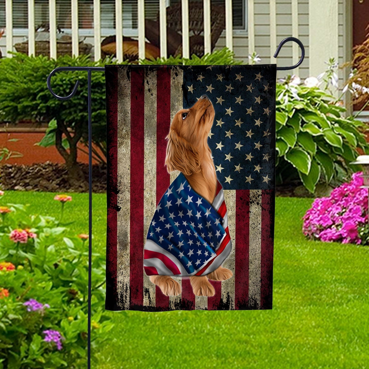 American Flag with Cocker Spaniel Dog stand under the cross Patriot Patriotic 4th of july Garden Flag, Double-Sided Decorative Outdoor Flag, Patriotic Polyester Yard Flag 12 x 18 in