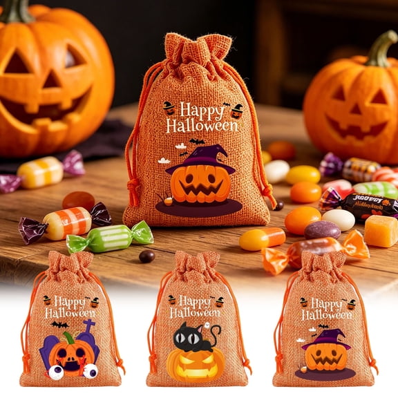 AZXY Halloween Drawstring Candy Pouches Texture Pumpkin Witch Print Treat Sacks, Reusable Portable Multipurpose Gift Goodie Bags for Halloween Party Favors & Holiday Decor Storage