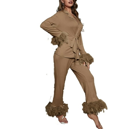 

Lapel Plain Pant Sets Mocha Brown Long Sleeve Elegant Women s Pajama Sets