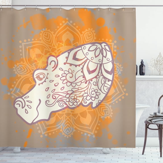 Hippo Shower Curtain, Oriental Lace Ornamentation Inspired Hippo Design with Floral and Geometric Motifs, Fabric Bathroom Set with Hooks, 69W X 84L Inches Extra Long, Multicolor, by Ambesonne