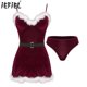 thumbnail image 2 of Disfraces de Navidad de Papá Noel para mujer, disfraces de Cosplay de terciopelo, adorno de plumas de felpa, vestido con cuello en V y bragas con cinturón, ropa de dormir para discoteca, 2 of 5