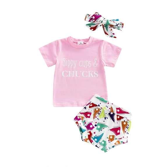 Franhais Baby Toddler 3 Pcs Clothes Sets, Letter Short Sleeve T-shirt Printed Shorts Headband Suits