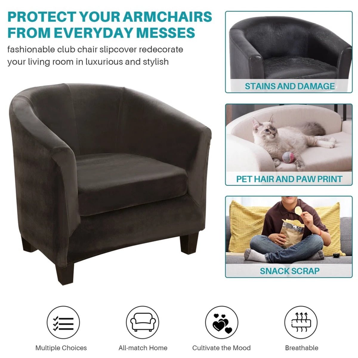 Eurhowing Stretchable Tub Chair Slipcover, 2-Piece Velvet Soft Armchair Cover with Cushion Cover, Elastic Fit Club Chair Sofa Couch Slipcover, 1-Pack, Grey