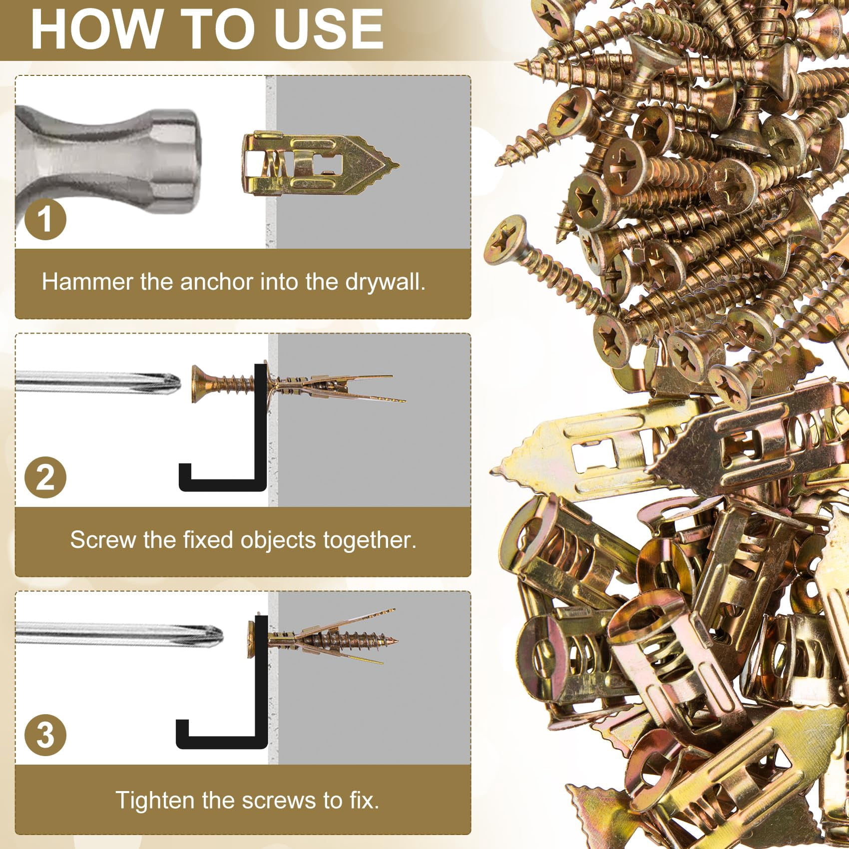 36PCS Self-Drilling Drywall Anchors, Zinc Plated Steel Screws and Anchors Kit Heavy Duty, No Drill or Holes in Wall, for Garden Statues, Patio Furniture, TV, Shelf Straps, Cabinets - 3 Sizes