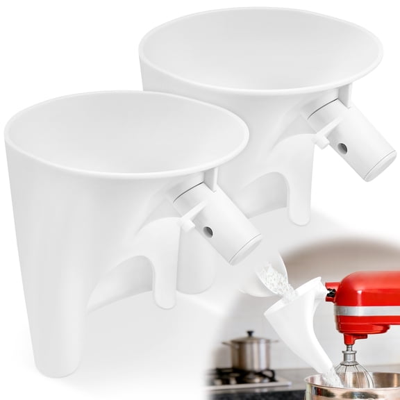 Fkszll 2 Pcs Flour Funnel for Kitchen Aid Mixer, Easy Pour No-Mess Attachment, Anti-Splash Accessory, Fits Tilt-Head 4.5–5 Qt (KSM150), Durable Dishwasher-Safe Baking Tool (White)