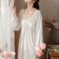 thumbnail image 2 of Women's Cotton Victorian Nightgown Princess Ruched V Neck Pj Shirt Soft Comfy Billowy Lightweight Old Fashion with Padded Bra Long Sleep Dress Long Sleeve White Large, 2 of 4