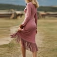 thumbnail image 4 of Ohufall Womens Midi Dresses Patchwork Long Sleeve Zip Front Dresses Vintage Fringe Hem Slim Dresses, 4 of 6