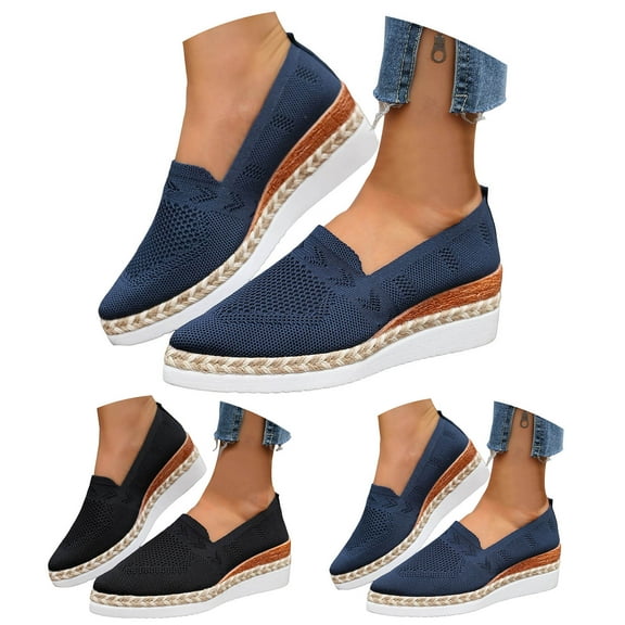 Dakaela Women's Platform Espadrilles Wedge Slip on Casual Shoes Breathable Mesh Knit Business Office Work Loafers Black 5.5
