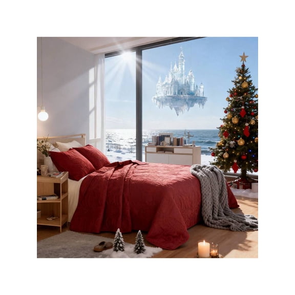 3-Piece Comforter Set - Queen/Full/King Size Deep Red Microfiber Quilt with Pillow Shams (All-Season Geometric Pattern)