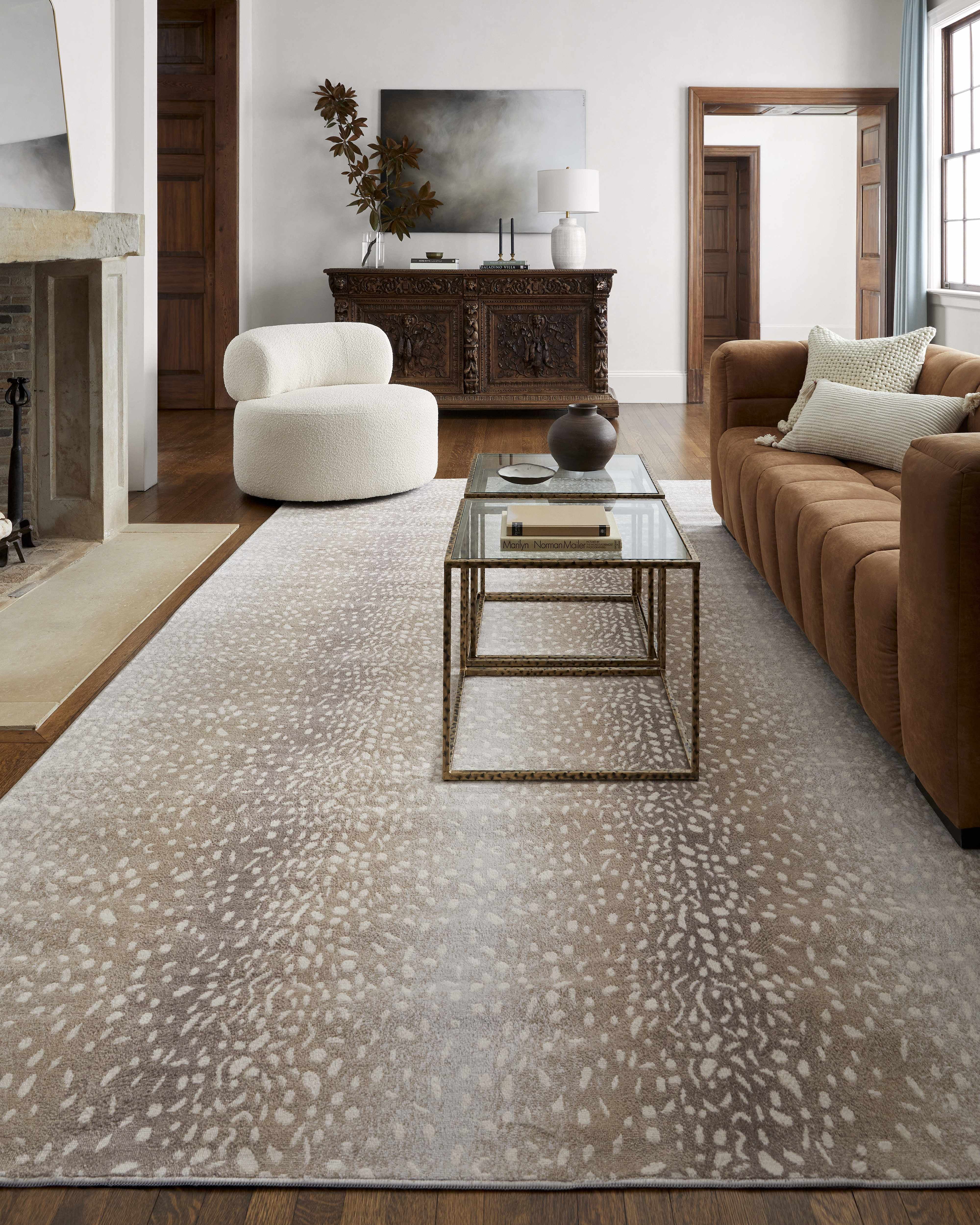 Hauteloom Pointblank Modern Animal Print Area Rug for Living Room, Bedroom - Bohemain Leopard Print Carpet - Contemporary Antelope Print Rug - Gray, Brown, Beige - 7'10" Round Rug