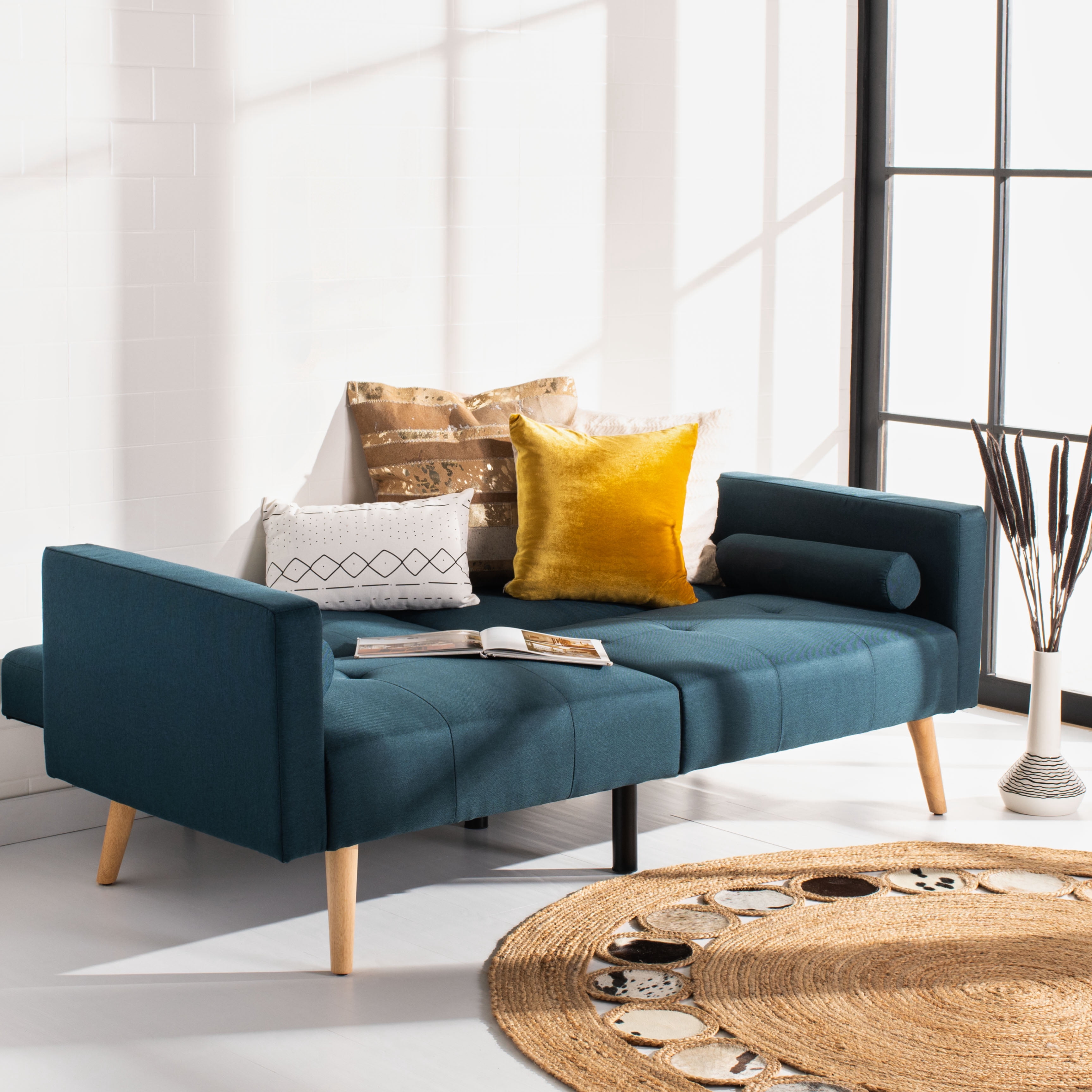 Safavieh Murray Mid-Century Foldable Futon Bed, Navy/Natural