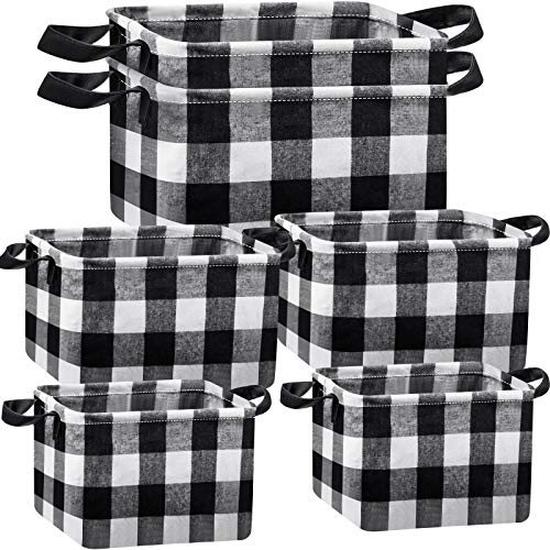 6 Pieces Square Storage Basket Buffalo Check Storage Bin Plaid Storage Organizer with Handles Collapsible Square Organizer for Home Office Black and White
