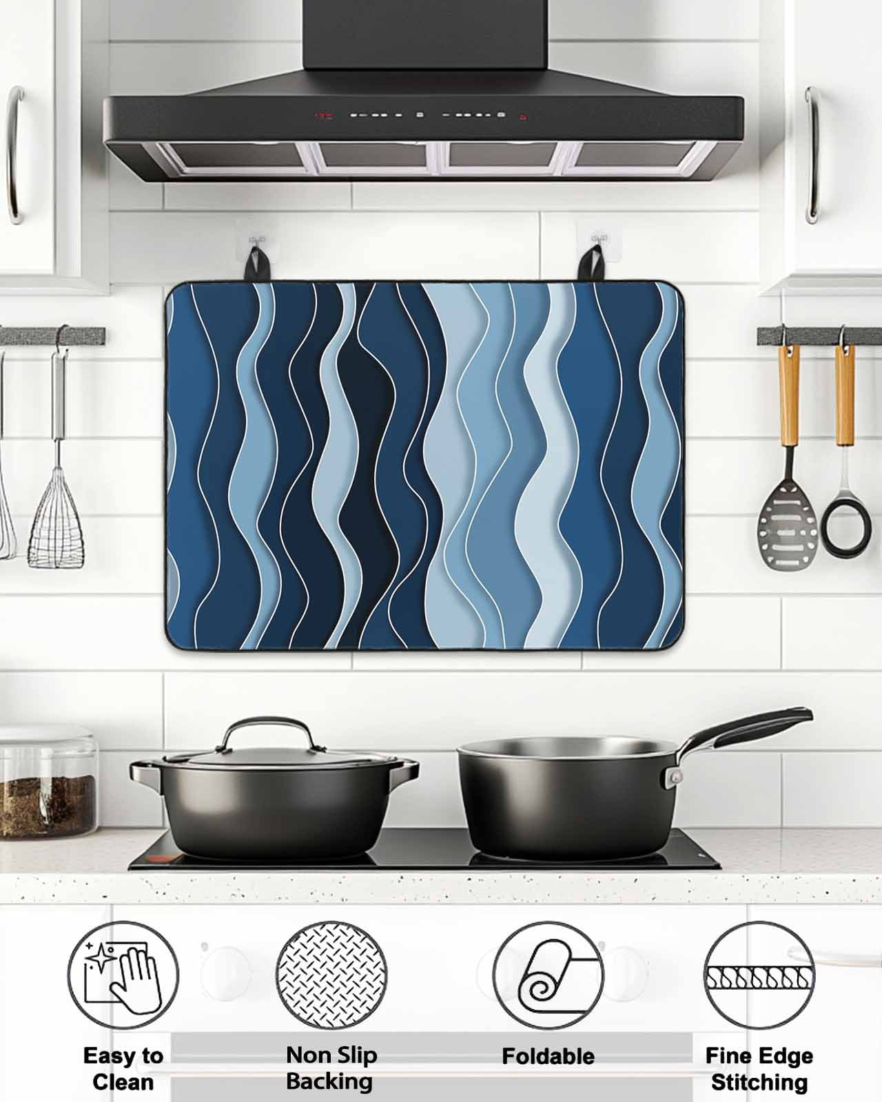 Stove Top Covers for Electric Stove, Abstract Blue Moire Glass Stovetop Cover Protector, Gradient Coastal Ocean Geometric Waves Induction Cooktop Protector Oven Mat for Kitchen Countertop 24"x21"