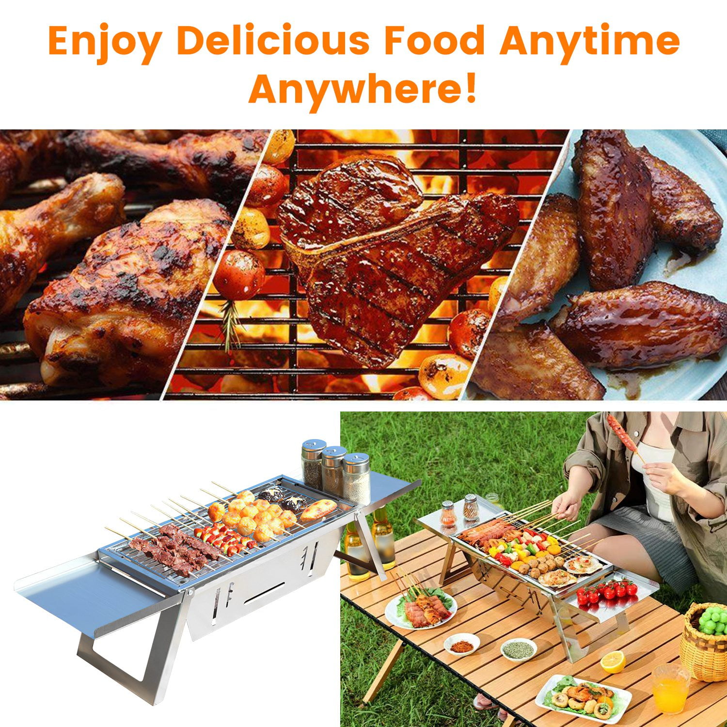 Foldable Stainless Steel Charcoal BBQ Grill: Portable Tabletop Barbecue for Camping, Picnics, Backyards, 3-in-1 Fire Pit & Slow Cooker, Easy Setup, 2-3 People