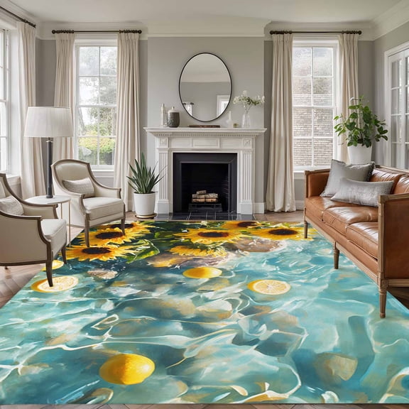 Area Rug for Living Room, Sunflower Lemon Non-Slip Indoor Large Carpet for Bedroom/Dining Room, Watercolor Summer Lake Aqua Sea Washable Low-Profile Rectangle Floor Runner Rugs - 6 x 9 Ft