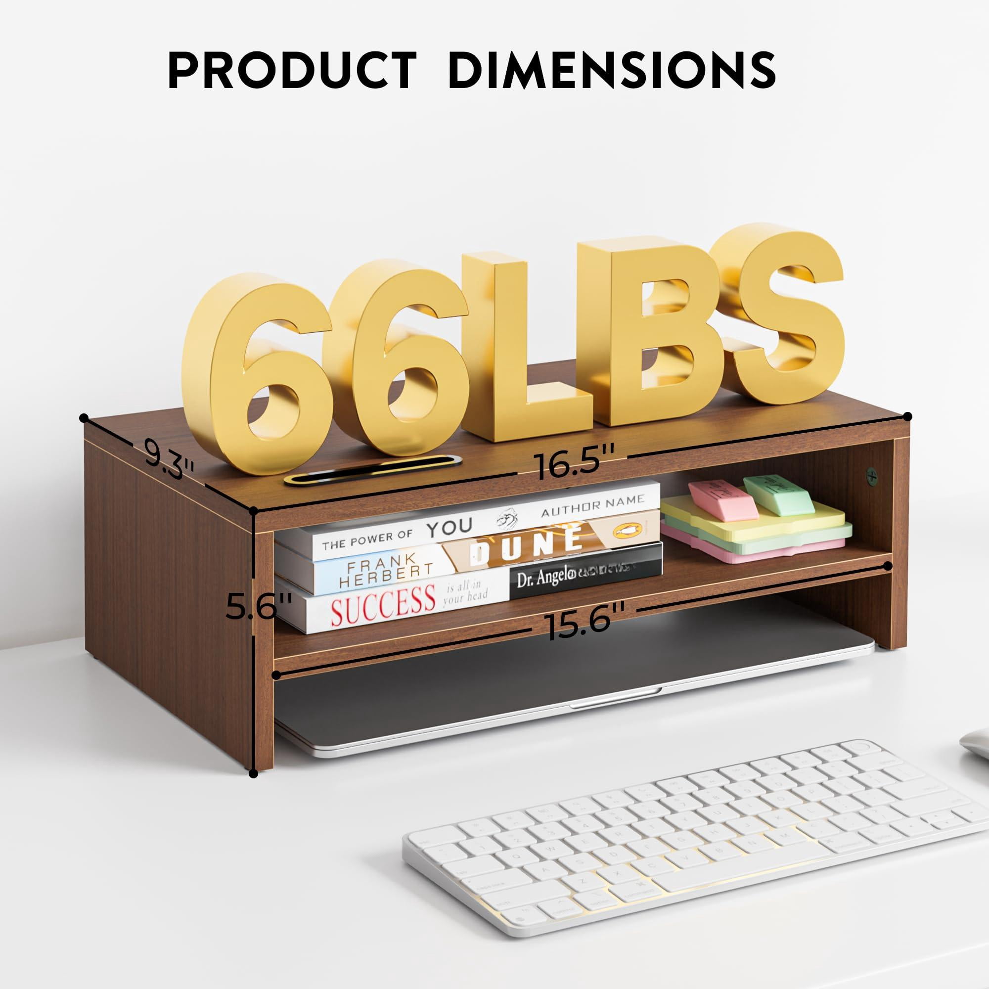 Wooden Monitor Stand Riser  2-tier Desk Shelf With Storage Organizer Computer Cable Management Cellphone Holder Walnut 16.5 Inch