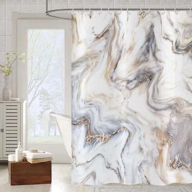 Cortina de ducha de 1 pieza de mármol, moderna, abstracta, gris y dorada, 180 x 200 cm