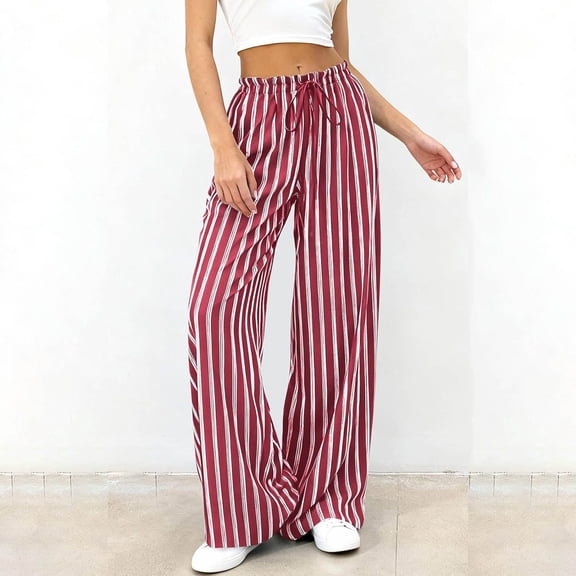 Cagogo Women's Wide Leg High Waisted Flowy Striped Palazzo Pants Casual Lounge Long Trousers Summer Beach Work Clothes, Red 2XL